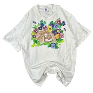 Vintage Jerzees Hand Painted Bunny Rabbit Floral T-Shirt White XL 90s Grandma
